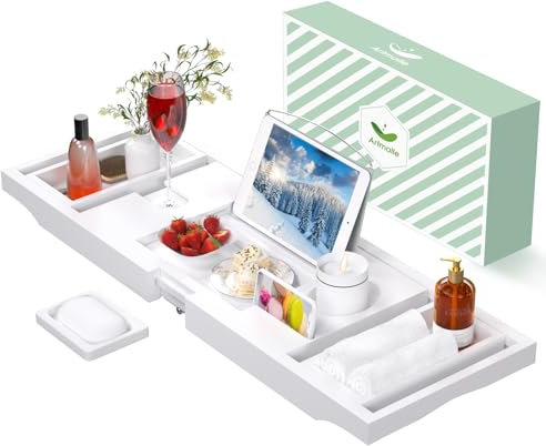Artmalle Bandeja de bañera – Bandeja de baño expandible y Plegable para bañera, Mesa de baño de bambú de Lujo, Accesorios de bañera con Soporte para Libros y jabonera Gratis, Color Blanco