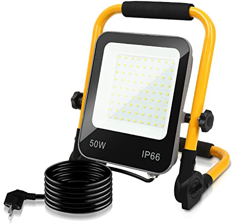 Yakimz LED Baustrahler 50W 5100LM, Arbeitsleuchte Strahler IP66 Wasserdicht 6000K Kaltweiß Tragbar und Faltbarer Arbeitsscheinwerfer mit kabel, 72LEDs, für Werkstatt Baustelle Garage Campin