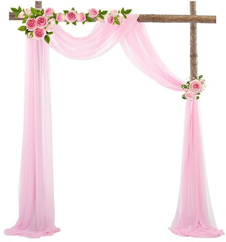 LANSKYLAN Querbehang Freihanddeko Chiffon Vorhang Hochzeit 70x550 cm Querbehänge Fensterdekoration Transparentem Voile Hochzeitsbogen Rosa Gardinen Querbehang Tüll für Fotografie Party Hochzeit