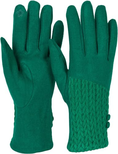 styleBREAKER Damen Touchscreen Handschuhe Einfarbig mit Zopfmuster und Knöpfen, warme Fingerhandschuhe, Winter 09010041, Farbe:Grün