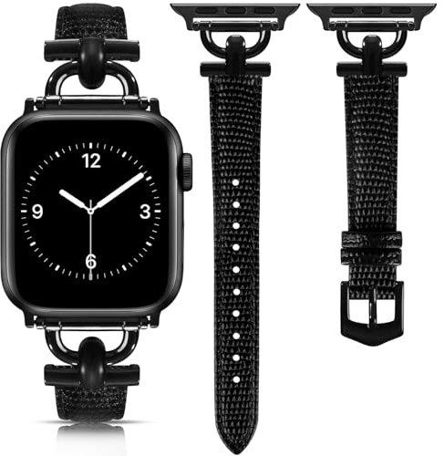 mxiixnai Correa para Correa Apple Watch 42mm 44mm 45mm 49mm(Ultra), Pulsera de Repuesto de Cuero Hebilla D para iWatch Serie 9 8 7 6 5 4 3 2 1 se,Lagarto Negro/Negro