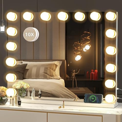 LIANWANG Hollywood Schminkspiegel mit Beleuchtung, 17 LED Schminkspiegel mit Licht Dimmbar für Schminktisch, Makeup Vanity Mirror mit 3 Farbtemperaturen, Type C und USB 70 x 55cm
