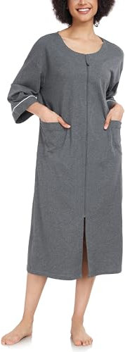 COLORFULLEAF Damen Bademantel mit Reissverschluss 100% Baumwolle Leicht Morgenmantel Hausmantel Damen Lang mit Taschen M-XXL(Dunkelgrau,L)