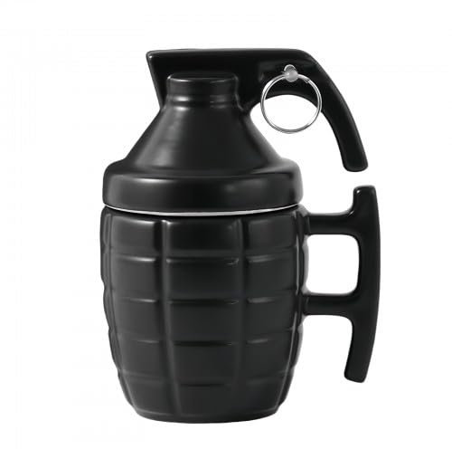 Rapidbok Tazza Creativa da 350 ml, Tazzine Caffè Personalizzate, Tazza a forma di Granata con Coperchio, Tazza da tè con Coperchio, Tazza in Ceramica, Originale e Divertente Idea Regalo - Nero