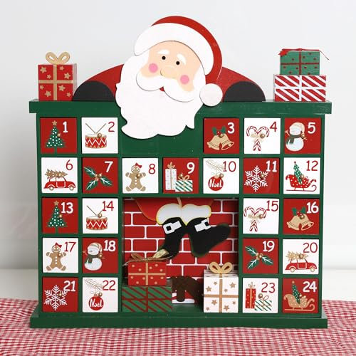 PE Calendrier de l'Avent en Bois avec 24 Tiroirs -Père Noël Grimpant sur le Manteau de Cheminée -Calendrier de Noël à Remplir Décoration -Cadeau Parfait pour Enfants et Adultes 41x39x7cm