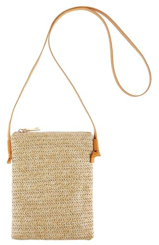 Amabro Sac à bandoulière en paille pour femme, sac de plage en paille d'été, petit sac à bandoulière tissé mignon pour l'extérieur, le camping, la randonnée, Crème/jaune., Taille unique