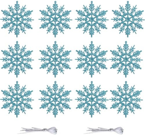 12 Pieces White Glitter Snowflake, 10CM Hanging Decorations for Christmas Tree, Holiday Party, Xmas Home Décor - Blue