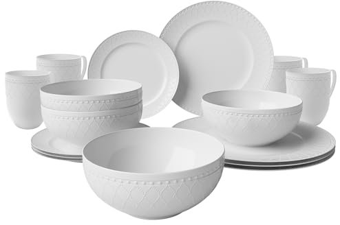 Yoshy Vajilla de porcelana de hueso de malla blanca en relieve de 16 piezas con diseño ligero y duradero resistente a las astillas, servicio para 4 personas
