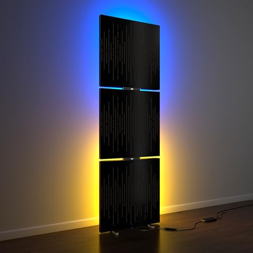 3er-Pack – Akustikpaneele „WAVE” mit Stehleuchte RGB-Licht | Mobiler LED-Akustikständer mit Hintergrundbeleuchtung | 150 x 50 x 5 cm | Schallabsorption und Diffusion| Farbe: Schwarz