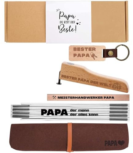 Papa Handwerker Geschenk Set - 2 Meter Zollstock | Flaschenöffner | Zimmermannsbleistift | Schlüsselanhänger | Aufbewahrungstasche für Zollstock, Bester Papa Kreativer Geschenke für Vatertag