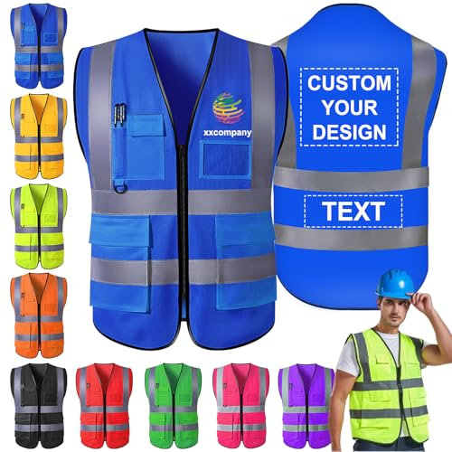 Morlavid Warnweste Personalisiert mit Logo Text Sicherheitsweste mit Reißverschluss Taschen fur Bauarbeiter,Blue