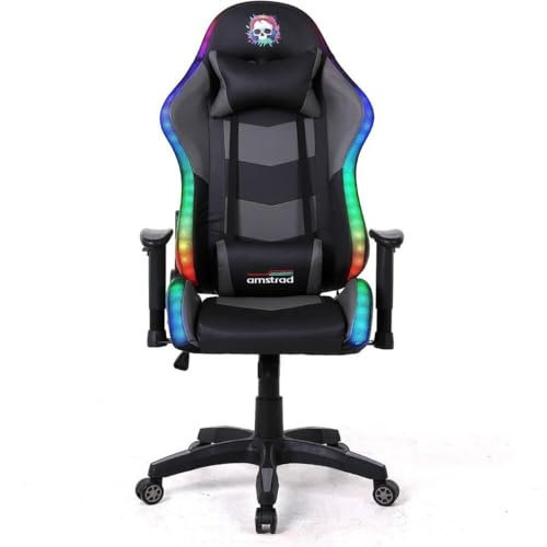 AMSTRAD ELITE-LED-ACID25 Chaise Gaming, Éclairage RGB LED, Accoudoirs 2D, Dossier Inclinable 165°, Noir/Gris, 150 kg Max