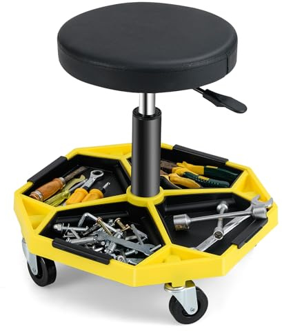 GOPLUS Werkstatthocker 41-55cm höhenverstellbar, Rollhocker mit Werkzeugablage & 4 Universalrädern, Funktioneller Arbeitshocker für Garage, Reparaturwerkstatt, bis 150 kg belastbar (Gelb)