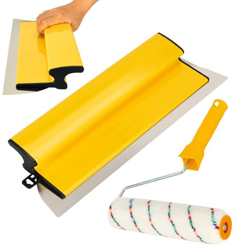 Drywall Skimming Blade Smoothing Spatula Plastering Wall Plastering Tools, High Grade Drywall Skimming Blade for Plastering Yellow (16inch/40cm with Paint Roller Cover)