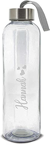 die stadtmeister Trinkflasche aus Glas mit Trinkflasche aus Glas 500 ml mit Wunschname (z.B. Hannah) in der Designvariante Schreibschrift mit Herzchen