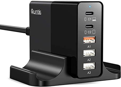 Quntis Cargador USB C 65W, 5 Puertos con 2 Puertos USB C+3 Puertos USB A Adaptador para iPhone, iPad, Macbook, Galaxy, Huawei, Lenovo, Switch y más