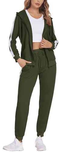 Parabler Jogginganzüge Damen Zweiteiler Trainingsanzug Sport Set Frauen Fitness Tracksuit Polyester Anzug Armeegrün XL