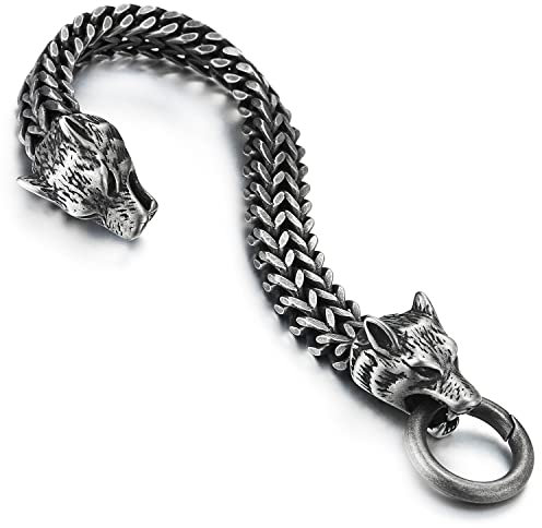 COOLSTEELANDBEYOND Biker Herren Wolf Kopf Franco Link Panzerkette Armband aus Edelstahl mit Federringverschluss, Rauhe Oberfläche