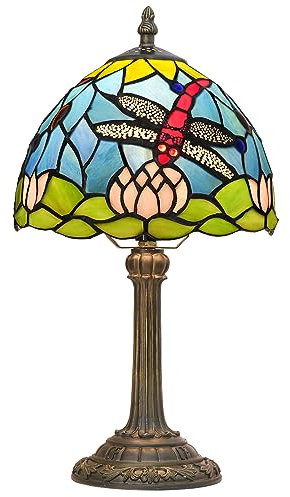 Blivuself Tiffany Stil Buntglas Tischlampe Lotus Blume Libelle Blau Rosa Grün Schlafzimmer Nachttisch Lesepult Lichter für Büro Bar Decor Retro Einzigartiges Nettes kleines Nachtlicht Geschenk