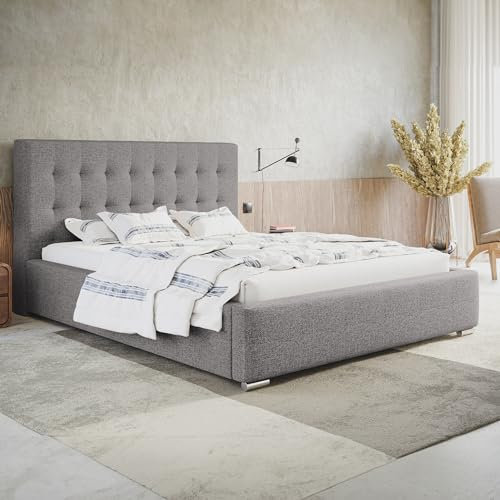 MOTIVENA Deli Polsterbett 120x200 mit Bettkasten, Bett 120x200 mit Lattenrost, Bett 120x200 mit Stauraum, Stauraumbett 120x200, mit Kopfteil, ohne Matratze, Stoff, Grau (Hellgrau)