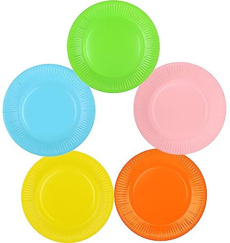 Fowecelt 50pcs 7 inch Coloured Paper Plates Rainbow Picnic Disposable Round Dessert Plates for Neon Birthday Party Supplies