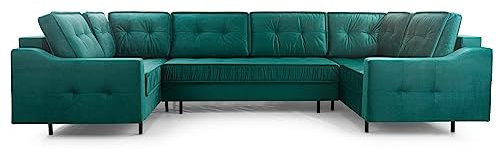 BETTSO-Eckcouch Velvet Ecksofa in U-Form Sofa Couch mit Stauraum und Kissen - Ausziehbares Schlafsofa – Sofa mit Schlaffunktion - Schlafsofa mit 3X Bettkasten – Gästebett- ROYAL U (Flaschengrün)