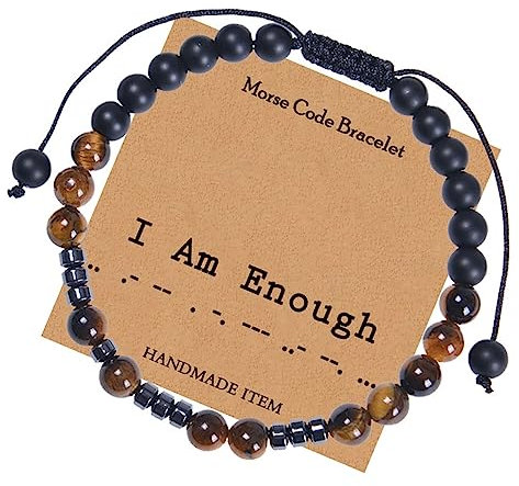 AMDXD SCHMUCK Armbänder Morsecode I Am Enough für sie und ihn, Tigerauge Perlen Armband 6mm, Tolle Geschenkidee Handgemacht - 30CM - Schwarz Braun