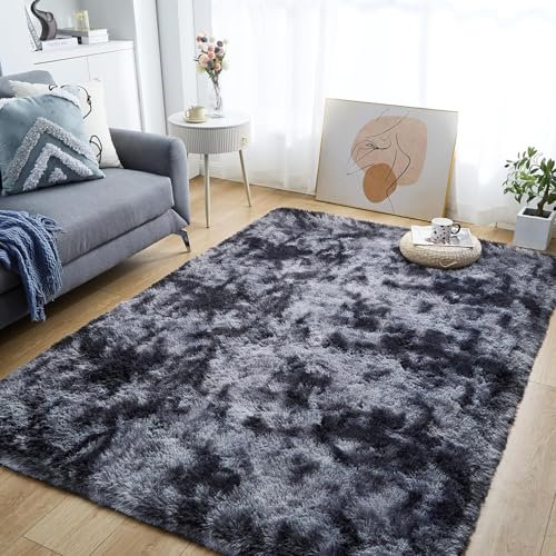 MOONLIGHT20015 Rugs Living Room 120 x 170 cm – Fluffy Shaggy Dark Grey Area Rugs for Bedroom – Modern Super Soft Plush Carpet Non-Slip Non Shedding Easy To Clean Rug, Tye-Dye Grey