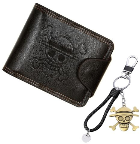 LIMEOW Anime Geldbörse Aus Leder Für Herren Geldbörse Aus Leder Anime-Geldbörse Mit Luffy-Schlüsselanhänger Und Totenkopf-Ring Strohhut Luffy Kreditkartenetui Geschenk Für Anime-Fans Teenager(Braun)