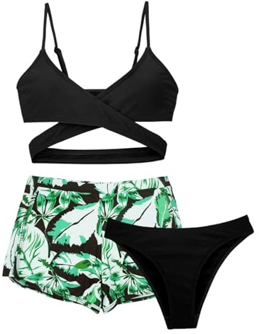 SEAUR Bikini da bambina con pantaloni, set da 3 pezzi, costume da bagno con stampa floreale, imbottito, bikini estivo, spiaggia, nuoto per 8-14 anni