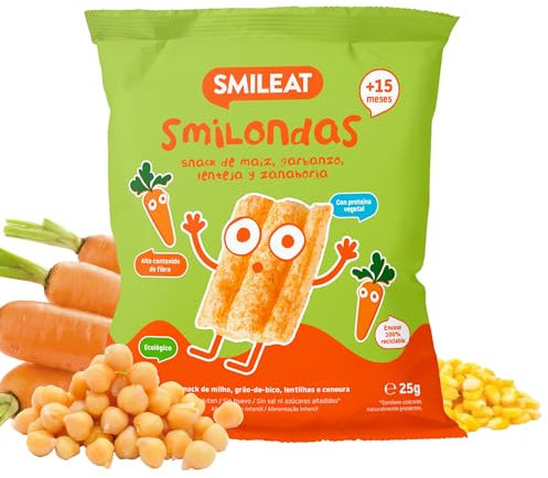 Smileat Smilondas | Snack Ecológico de Maíz, Garbanzo, Lenteja y Zanahoría | Para Bebés desde 15 Meses | Horneadas con Ingredientes Reales | Alternativa para una Merienda | 1 x 25g