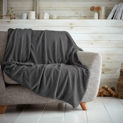 Waffle Popcorn Honeycomb Throws Blankets Super Soft Warm Cosy Throw Over Sofa Sette Bed Blankets Extra Large Snuggle Fleece Thermal Throws For Kids & Adults (Charcoal, Double - 150 x 200cm)