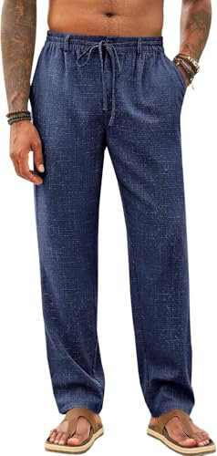 Runcati Herren Hose Lang Bügelleicht Freizeithose Männer Leicht Sommerhose Strand Yogahose mit Taschen Elastischer Bund, Marineblau, XL