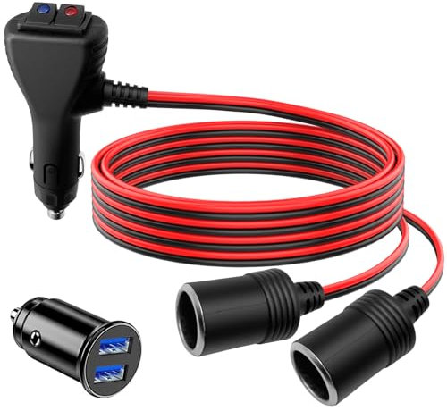 Giantdeer 1M Distribuidor de Encendedor de Cigarrillos, Cable de Extensión de Coche 12V con 2 Interruptores Independientes,15A Fusible Adaptador de Enchufe de Doble Encendedor de Cigarrillos para Auto