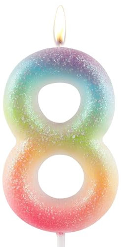 Zolunu Glitter Colorful 8th Birthday Candle, Birthday Number 8 Candle Cake Toppers for Girl Women, Glitter Colorful Themed Party Decorations Supplies Birthday Gifts