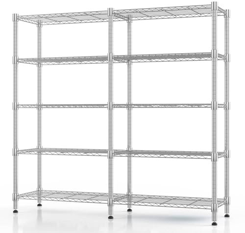 Himimi 5-stöckiges Metallregal zur Aufbewahrung, verstellbares Drahtregal, Schwerlastregal mit Nivellierfüßen, Lagerregal für Schlafzimmer, Wohnzimmer, Küche, Garage, 152 x 35 x 183 cm, Silber