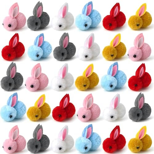 XineYuor Osterhasen Pompons,30PCS Pompons zum Basteln,Bunte Bommeln bälle Flauschigen Plüsch Bälle Pom Pom Set zum Basteln DIY Kreative Handwerk Kaninchen Pompons Ostern Hase