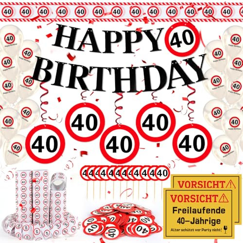 WenmthG 40 Geburtstag Deko Männer Frauen, 40. Geburtstag Deko mit Girlande, Luftballons, Absperrband, Luftschlangen, Banner, Konfetti, Tortendeko - Verkehrsschild zum 40 Jahre, 40. Geburtstagsdeko