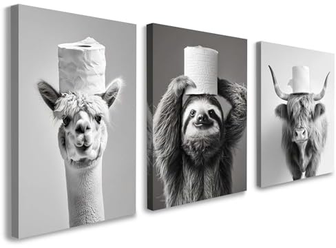 Set of 3 Bathroom Wall Art, Funny Animal Canvas Decor, Black and White Sloth Highland Cow and Alpaca Artwork, Humorous Bathroom Prints for Toilet or Powder Room with Hooks and Magic Tape, 12x16 Inch