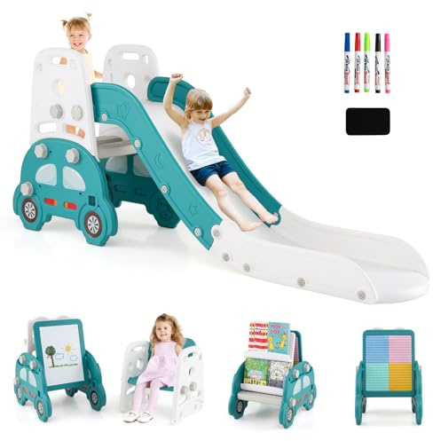 COSTWAY 5 en 1 Toboggan Enfant Convertible avec Tableau Magnétique Double Face, Tabouret, Bibliothèque, Support Blocs de Construction, Aire de Jeux Enfant Pliable en HDPE pour 3+ Ans