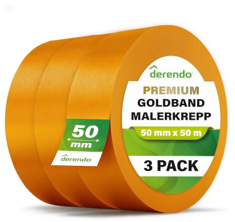 derendo Washi Tape Malerkrepp Klebeband 3 Stück, 50mm x 50m UV-beständig | UV-beständig | Abklebeband Maler Profiqualität für scharfe Kanten INNEN & AUSSEN Goldband Kreppband Klebeband