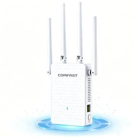 COMFAST AC1200 WiFi Extender Booster WiFi Booster WiFi Range Extender | Signal Booster Wireless Internet Booster Dual Band Ethernet Port, Repeater/Router/AP Mode, WPS, Interior, UK Plug