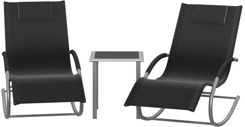3-Teiliges Relaxliege Gartenliege, Liegestuhl Wetterfest, Schwungliege Mit Kopfkissen Und Beistelltisch, 150 kg Belastung, Sonnenliege Atmungsaktiv, Schaukelliege Outdoor Terrasse Balkon, Schwarz