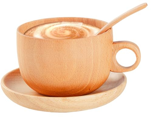 Generisch Tasse à café en bois - 290 ml - Fabriquée à la main - Avec soucoupe et cuillère - Robuste, légère et écologique - Tasse à thé à pour la maison comme cadeau