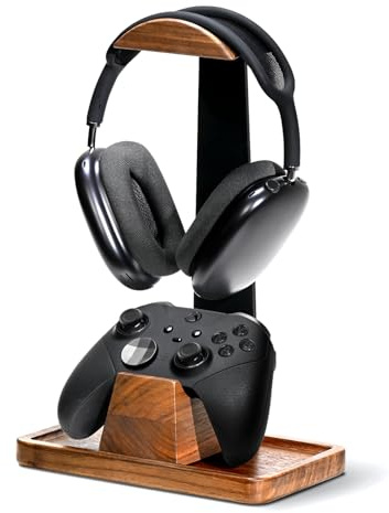 QzheMuw Walnut Wood Headset & Controller Stand, Wooden Headphone Holder, Desktop Storage Organizer, Universal Desk Accessories Compatible with PS5, PS4, Xbox One, Nintendo Switch