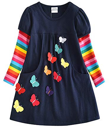 VIKITA Little Girls Cotton Cartoon Stripe Long Sleeve T-Shirt Dresses LH5805 5T(Size: 4-5 years=104-110cm)