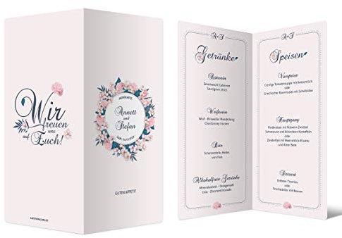 50 x Hochzeit Menükarten individuell Text DIN Lang Klappkarte - Blumenromantik