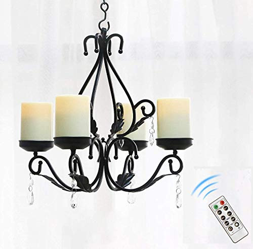 simpdecor Lighting Candles Candelabra Chandelier Chain Hang Metal Wall Pendant Candle Holder Sconce with 4pcs Battery Operated Led Candle with Remote, Black