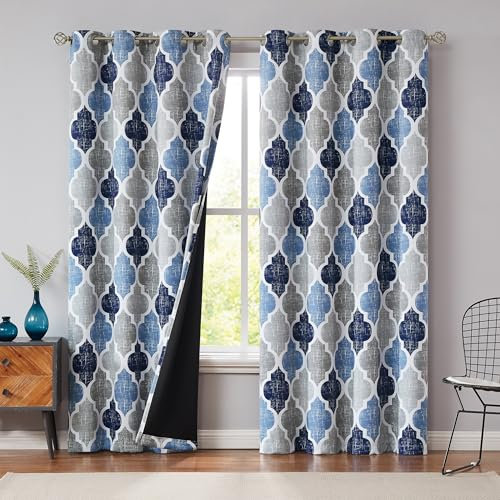 Beauoop Blue Grey Blackout Curtains for Living Room 90 Inch Drop Geometric Curtains Lattice Moroccan Print Room Darkening Thermal Insulated Energy Efficient Window Curtain Drapes 2 Panels