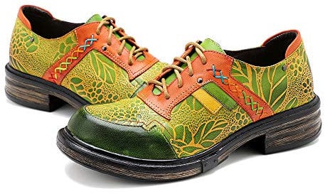 CrazycatZ Damen Leder Oxford Schuhe Perforierte Schnürspitze Bunte Leder Vintage Bunte Schuhe (Green, Erwachsene, 37, Numerisch, EU Schuhgrößensystem, M)